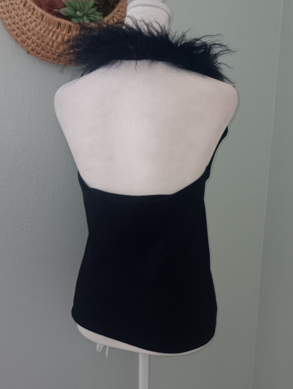 Nicole Miller Black Lamb Fur Trim Silk Blend Halter Sz L Vintage Y2K - Picture 2 of 5